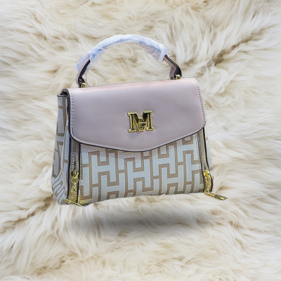 Trendy Designer Handbag for Women – Pink & White Tote with Gold M Logo