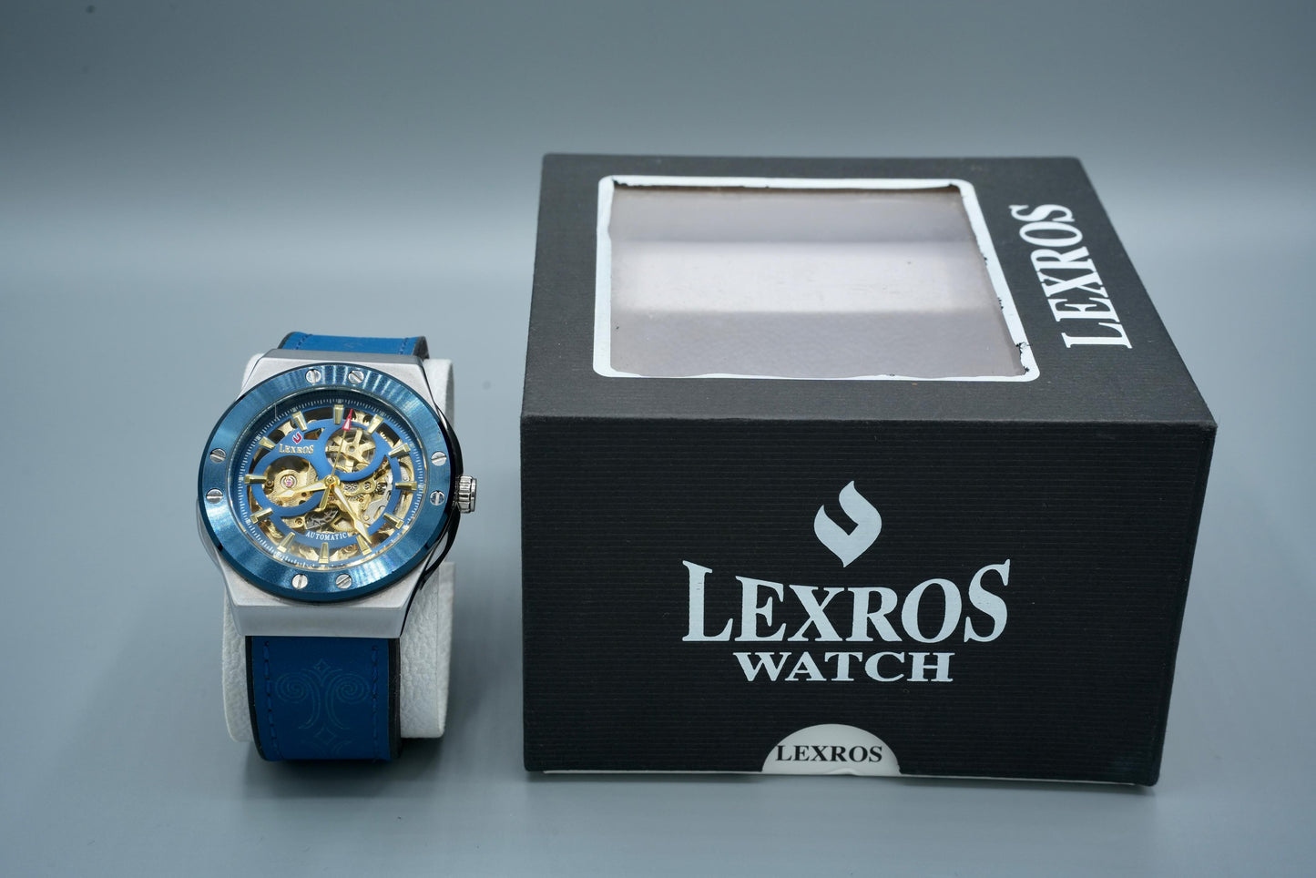 Lexros Automatic Skeleton Watch for Men – Blue Leather Strap, Luxury Mechanical Timepiece