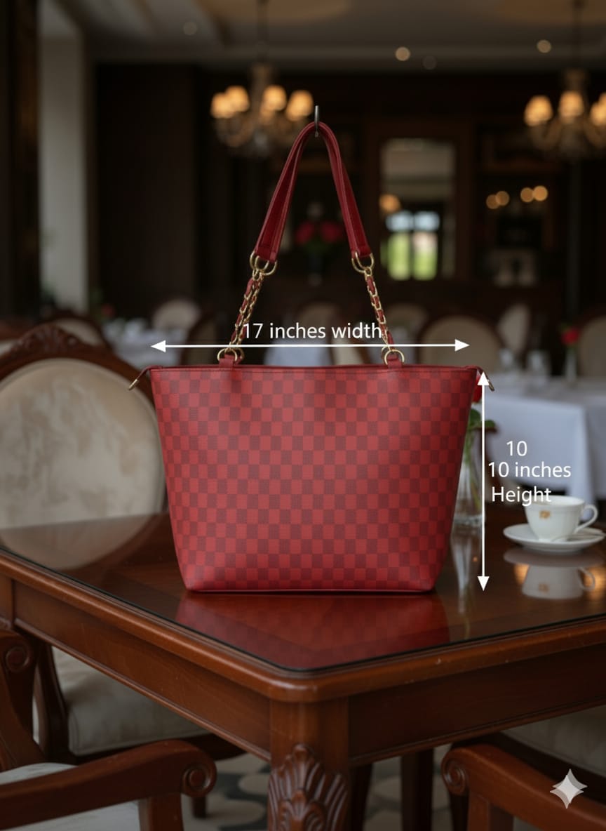 Elegant Red Checkered Tote Bag for Women – 17x10 Inches, Premium Leather with Gold Chain Handles