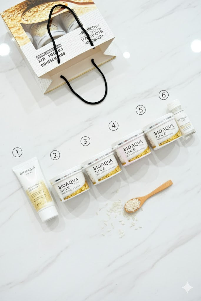 BIOAQUA Rice Brightening & Whitening Skincare Set – Face Cream, Detox Mask, Bleach Cream & Whitening Massage