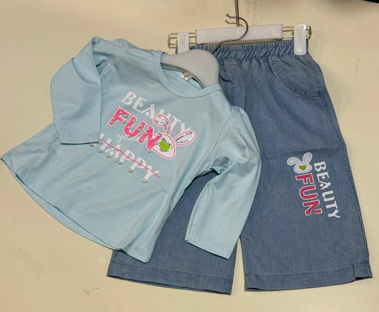 Girls Cotton Outfit Set - "Beauty Fun Happy" Top & Denim Shorts | Toddler Clothing Set
