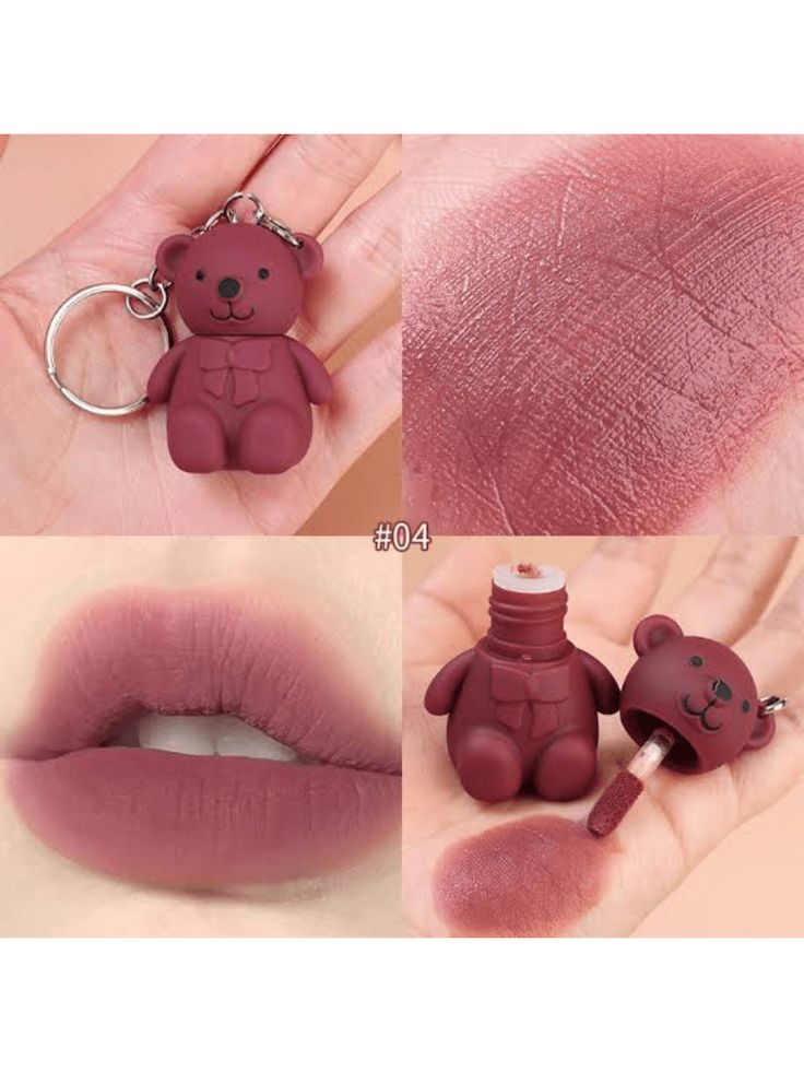 Cute Teddy Bear Lipstick Keychain – Portable Matte Lip Gloss for Women