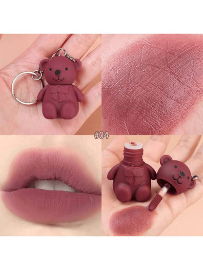 Cute Teddy Bear Lipstick Keychain – Portable Matte Lip Gloss for Women