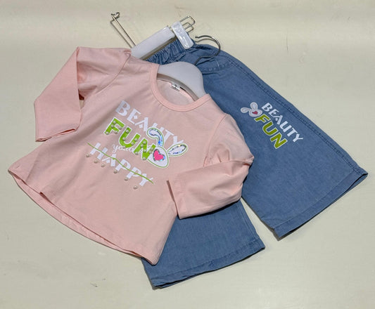 Girls Cotton Outfit Set - "Beauty Fun Happy" Top & Denim Shorts | Toddler Clothing Set