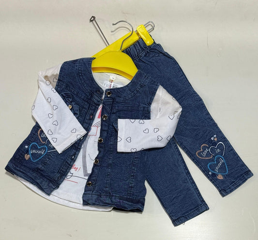 Stylish Baby Girl Denim Jeans & Jacket Set with White Heart Print Shirt – Glimzia Kids Wear