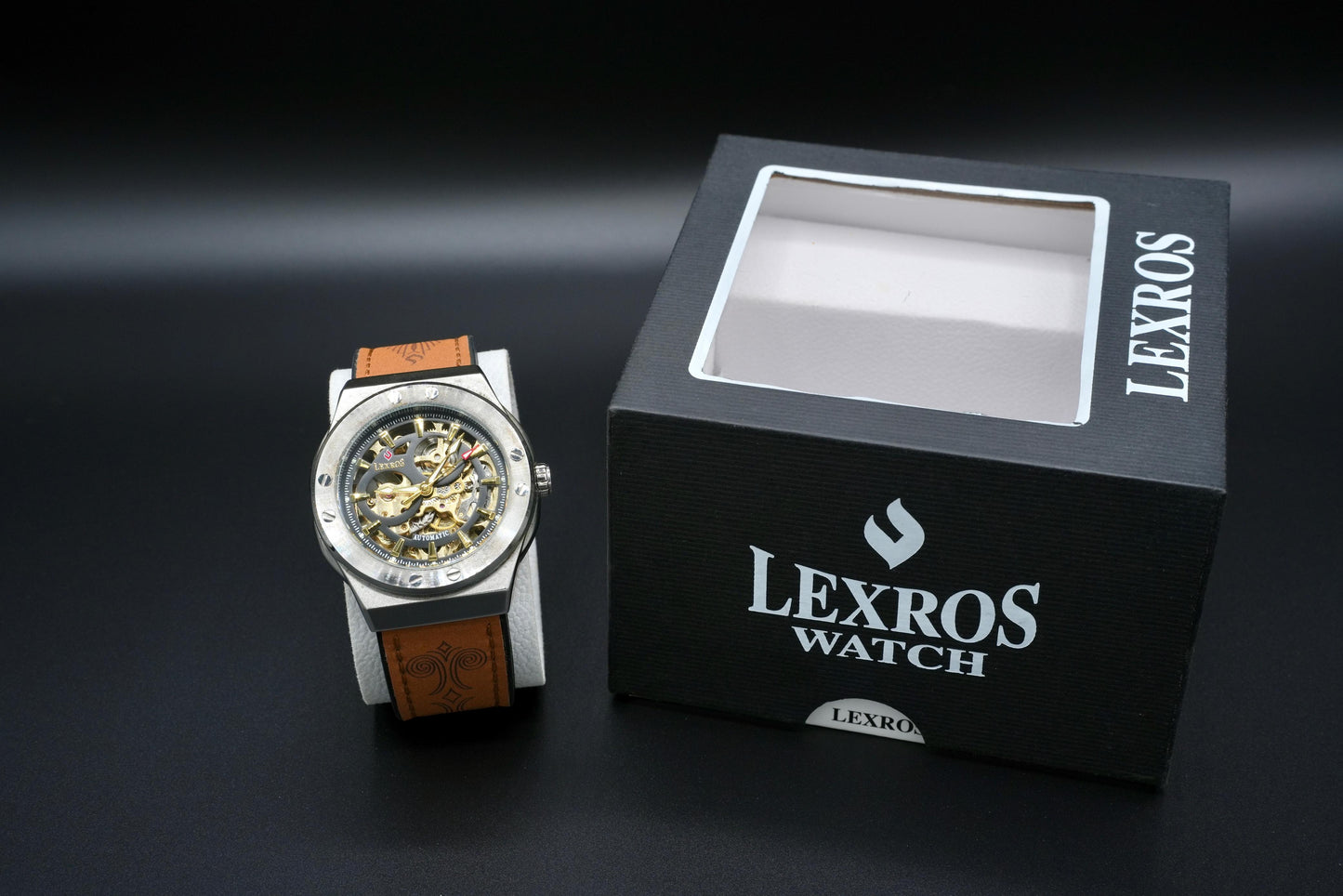 Lexros Skeleton Mechanical Wristwatch with Leather Strap – Luxury Automatic Men’s Watch