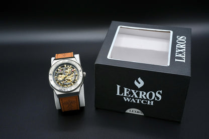 Lexros Skeleton Mechanical Wristwatch with Leather Strap – Luxury Automatic Men’s Watch