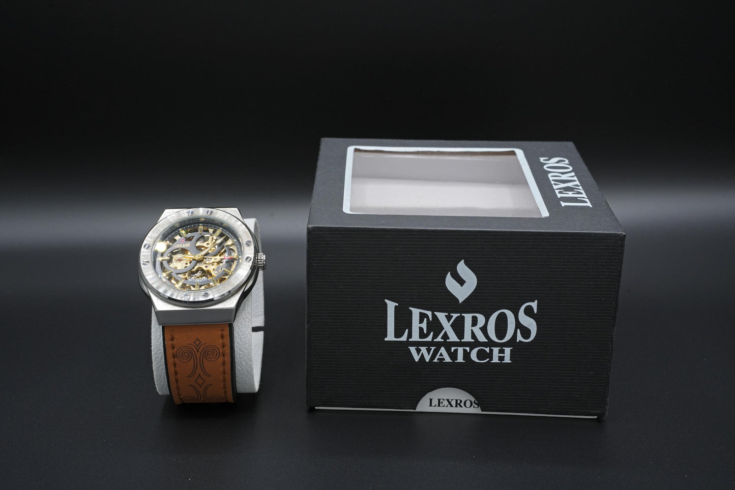 Lexros Skeleton Mechanical Wristwatch with Leather Strap – Luxury Automatic Men’s Watch