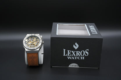 Lexros Skeleton Mechanical Wristwatch with Leather Strap – Luxury Automatic Men’s Watch
