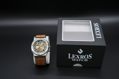 Lexros Skeleton Mechanical Wristwatch with Leather Strap – Luxury Automatic Men’s Watch