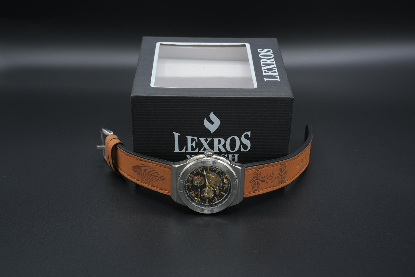 Lexros Skeleton Mechanical Wristwatch with Leather Strap – Luxury Automatic Men’s Watch