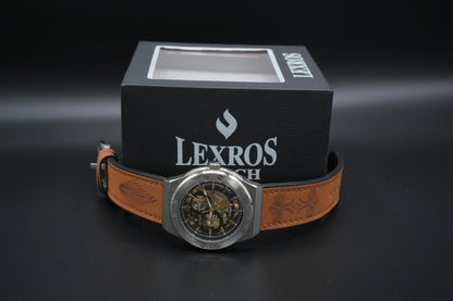 Lexros Skeleton Mechanical Wristwatch with Leather Strap – Luxury Automatic Men’s Watch