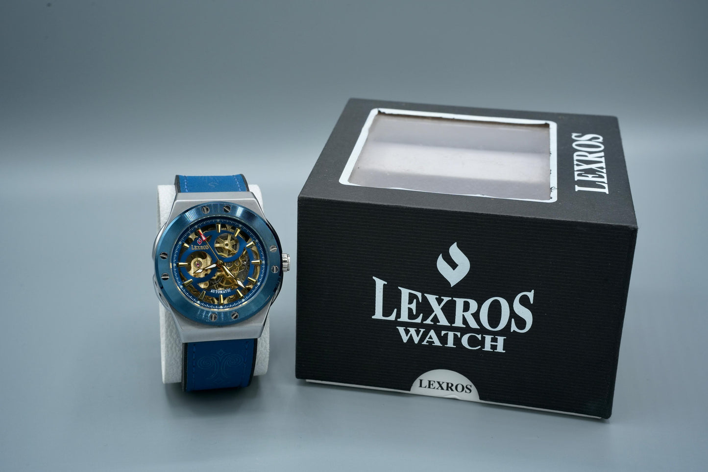 Lexros Automatic Skeleton Watch for Men – Blue Leather Strap, Luxury Mechanical Timepiece