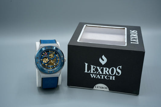 Lexros Automatic Skeleton Watch for Men – Blue Leather Strap, Luxury Mechanical Timepiece