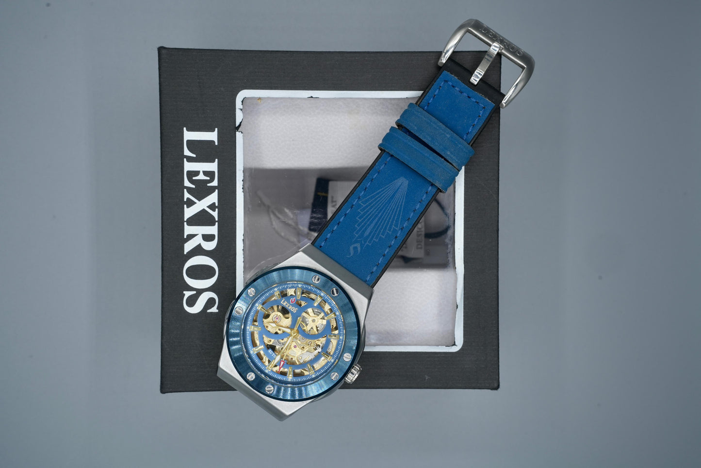 Lexros Automatic Skeleton Watch for Men – Blue Leather Strap, Luxury Mechanical Timepiece