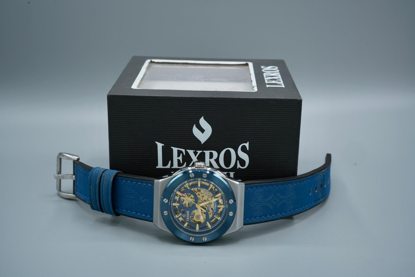Lexros Automatic Skeleton Watch for Men – Blue Leather Strap, Luxury Mechanical Timepiece