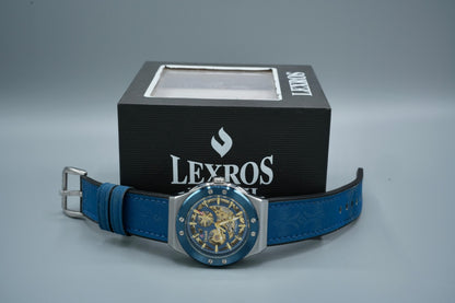Lexros Automatic Skeleton Watch for Men – Blue Leather Strap, Luxury Mechanical Timepiece