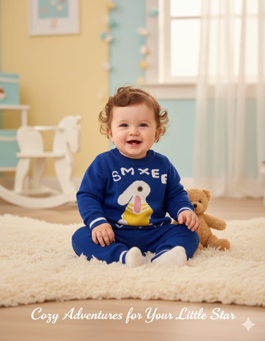 Cozy Blue Knit Baby Outfit with Bunny Design – Warm Winter Set for Boys & Girls