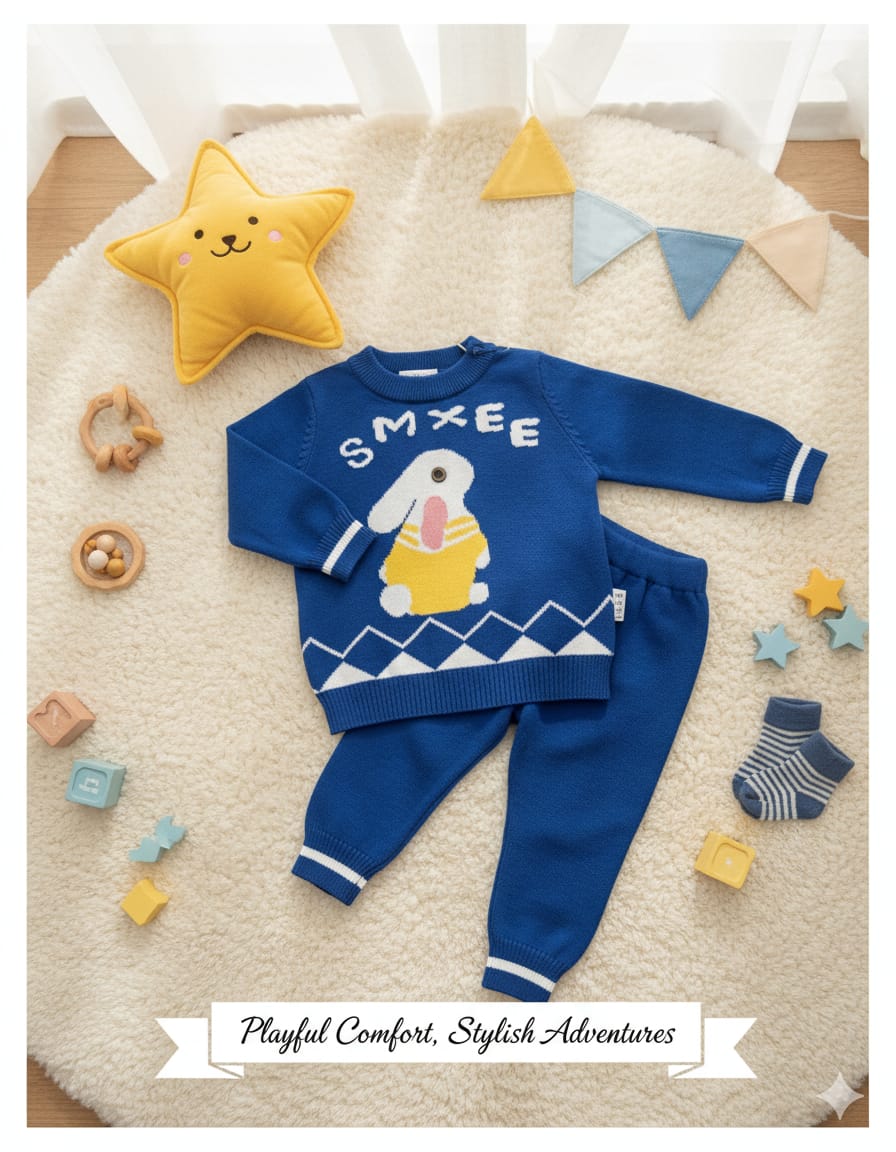Cozy Blue Knit Baby Outfit with Bunny Design – Warm Winter Set for Boys & Girls