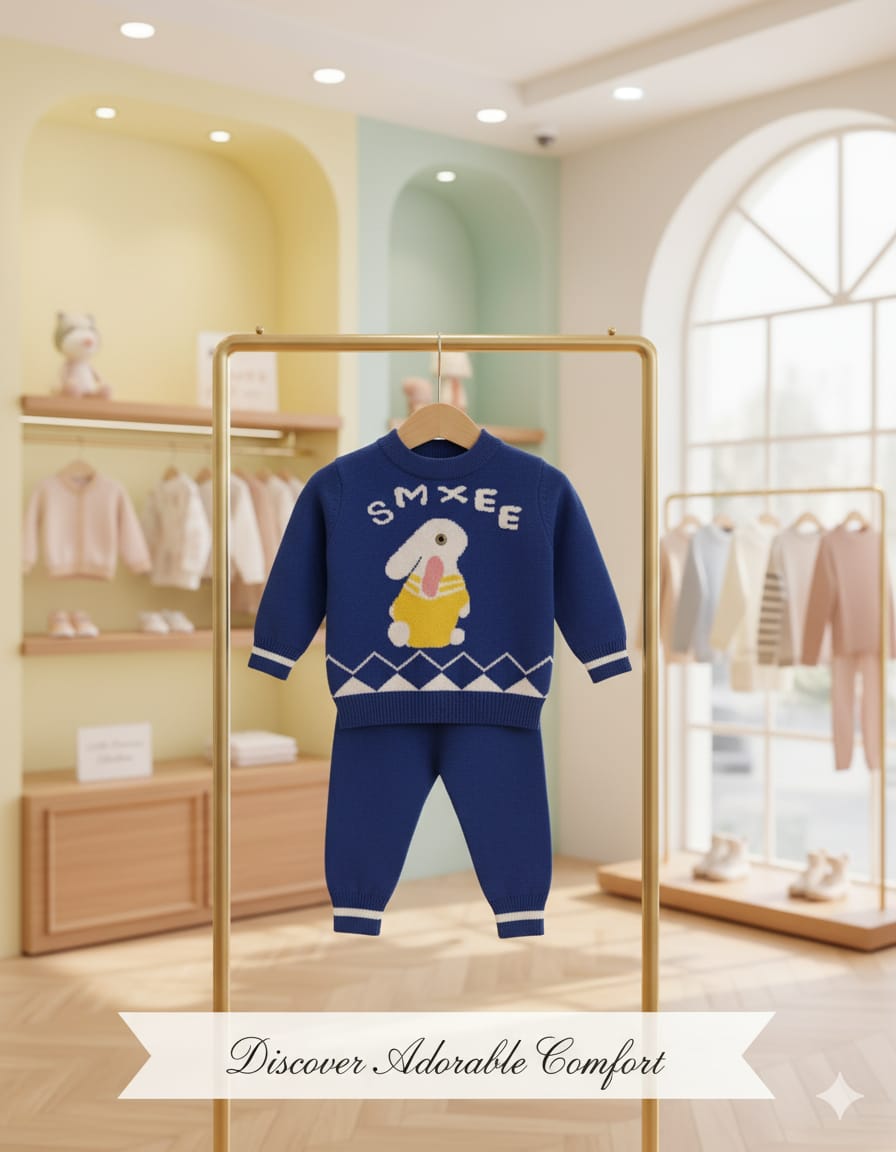 Cozy Blue Knit Baby Outfit with Bunny Design – Warm Winter Set for Boys & Girls