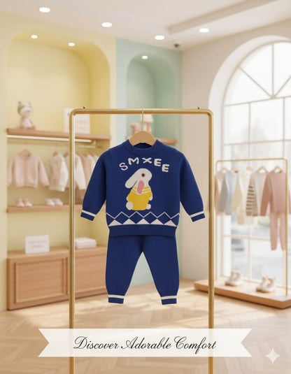 Cozy Blue Knit Baby Outfit with Bunny Design – Warm Winter Set for Boys & Girls