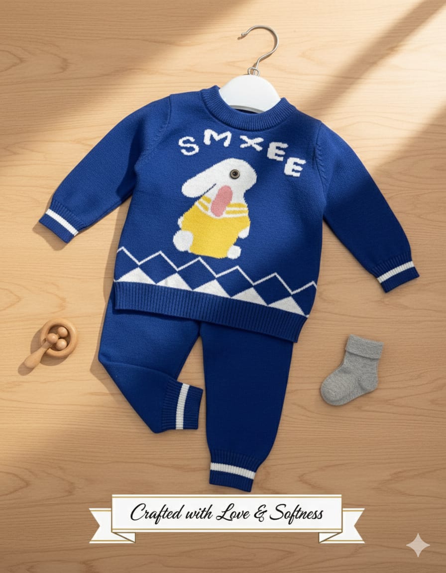 Cozy Blue Knit Baby Outfit with Bunny Design – Warm Winter Set for Boys & Girls