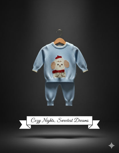 Adorable Blue Knitted Baby Outfit – Soft Winter Sweater & Pants Set with Cute Puppy Design