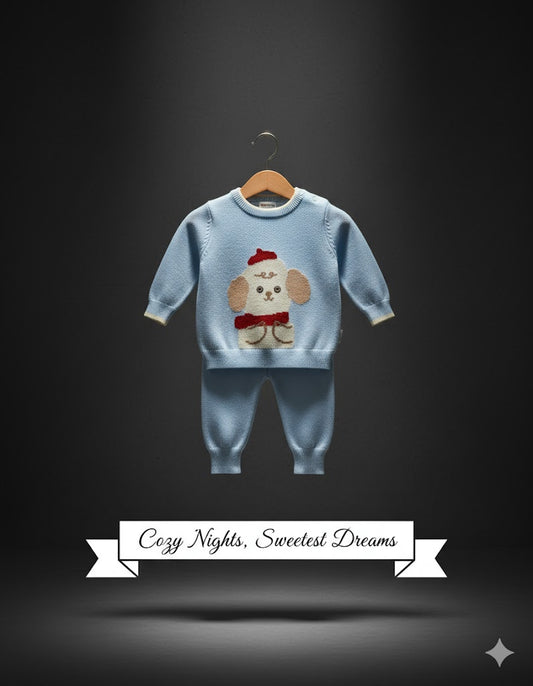 Adorable Blue Knitted Baby Outfit – Soft Winter Sweater & Pants Set with Cute Puppy Design