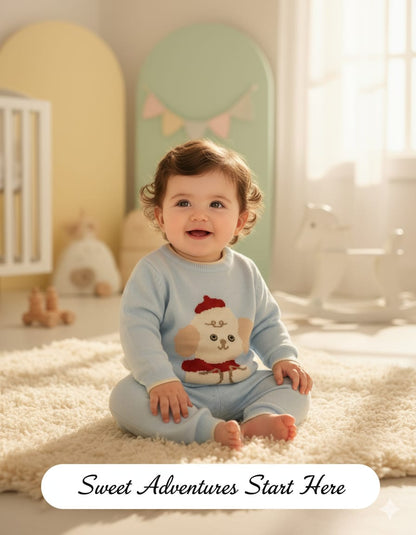 Adorable Blue Knitted Baby Outfit – Soft Winter Sweater & Pants Set with Cute Puppy Design