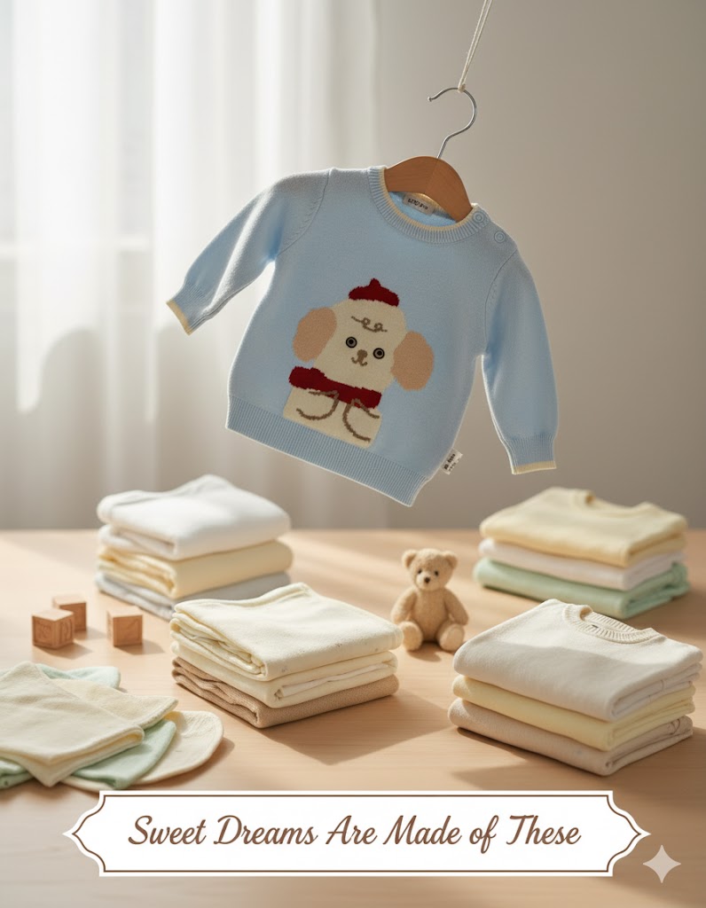 Adorable Blue Knitted Baby Outfit – Soft Winter Sweater & Pants Set with Cute Puppy Design