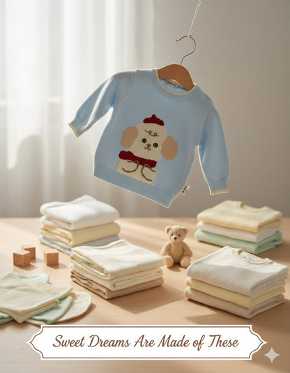 Adorable Blue Knitted Baby Outfit – Soft Winter Sweater & Pants Set with Cute Puppy Design