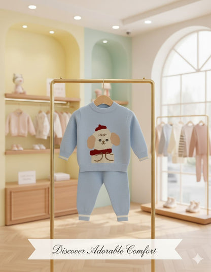 Adorable Blue Knitted Baby Outfit – Soft Winter Sweater & Pants Set with Cute Puppy Design