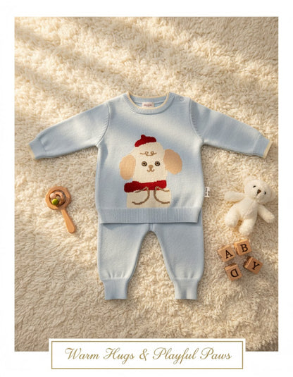 Adorable Blue Knitted Baby Outfit – Soft Winter Sweater & Pants Set with Cute Puppy Design