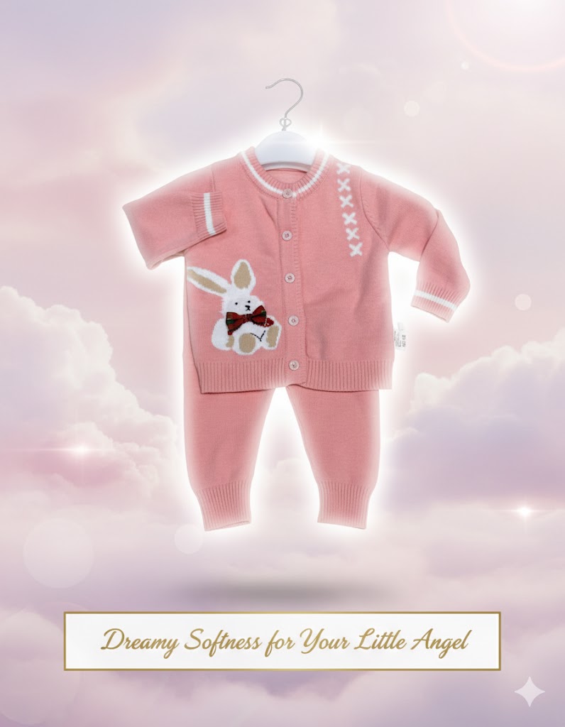 Soft Knit Baby Outfit Set – Bunny Design | Cozy Pink Sweater & Pants for Newborns & Toddlers