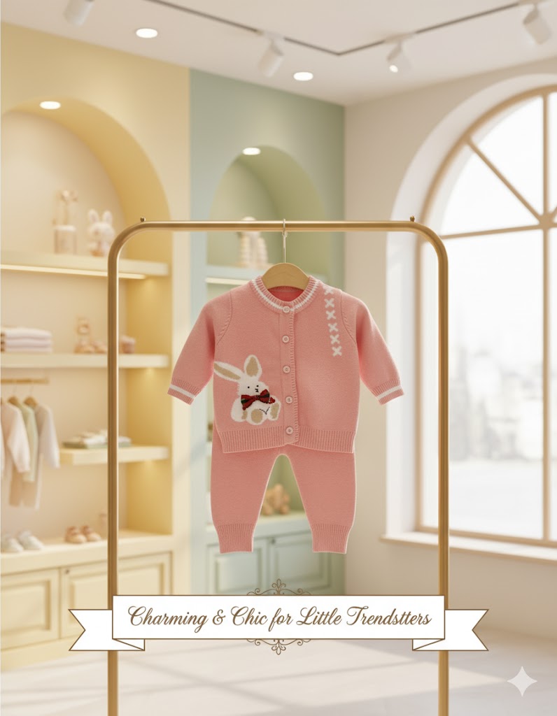 Soft Knit Baby Outfit Set – Bunny Design | Cozy Pink Sweater & Pants for Newborns & Toddlers