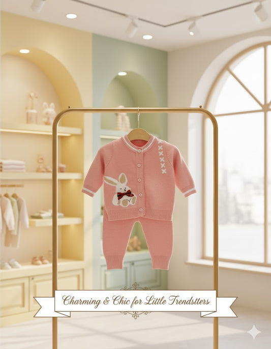 Soft Knit Baby Outfit Set – Bunny Design | Cozy Pink Sweater & Pants for Newborns & Toddlers