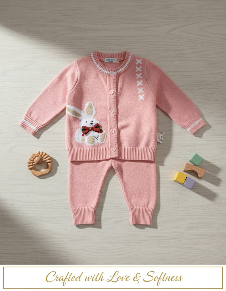 Soft Knit Baby Outfit Set – Bunny Design | Cozy Pink Sweater & Pants for Newborns & Toddlers