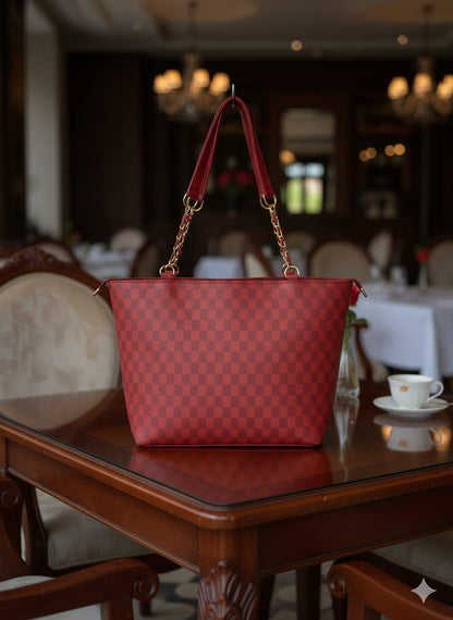 Elegant Red Checkered Tote Bag for Women – 17x10 Inches, Premium Leather with Gold Chain Handles