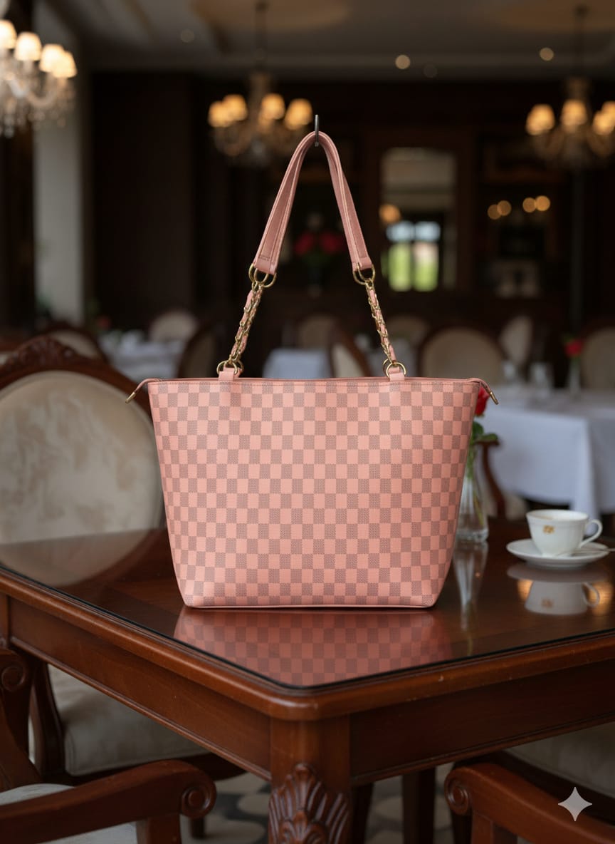Elegant Red Checkered Tote Bag for Women – 17x10 Inches, Premium Leather with Gold Chain Handles
