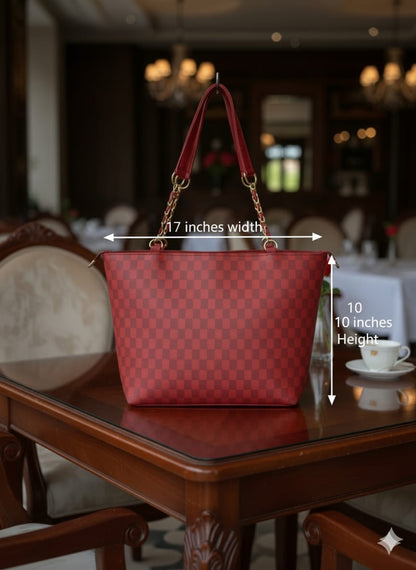 Elegant Red Checkered Tote Bag for Women – 17x10 Inches, Premium Leather with Gold Chain Handles