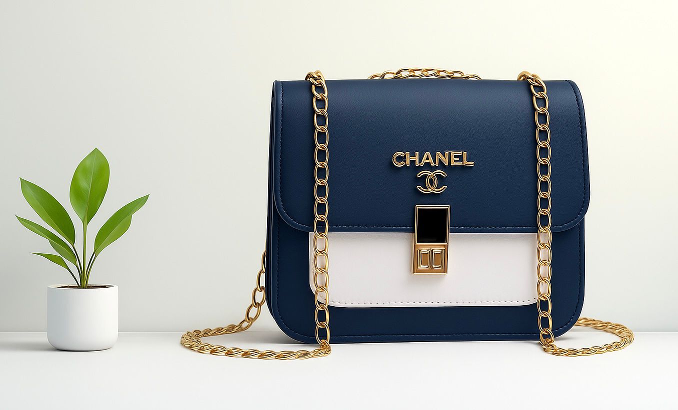Elegant Navy & White Leather Shoulder Bag with Gold Chain – Designer Style