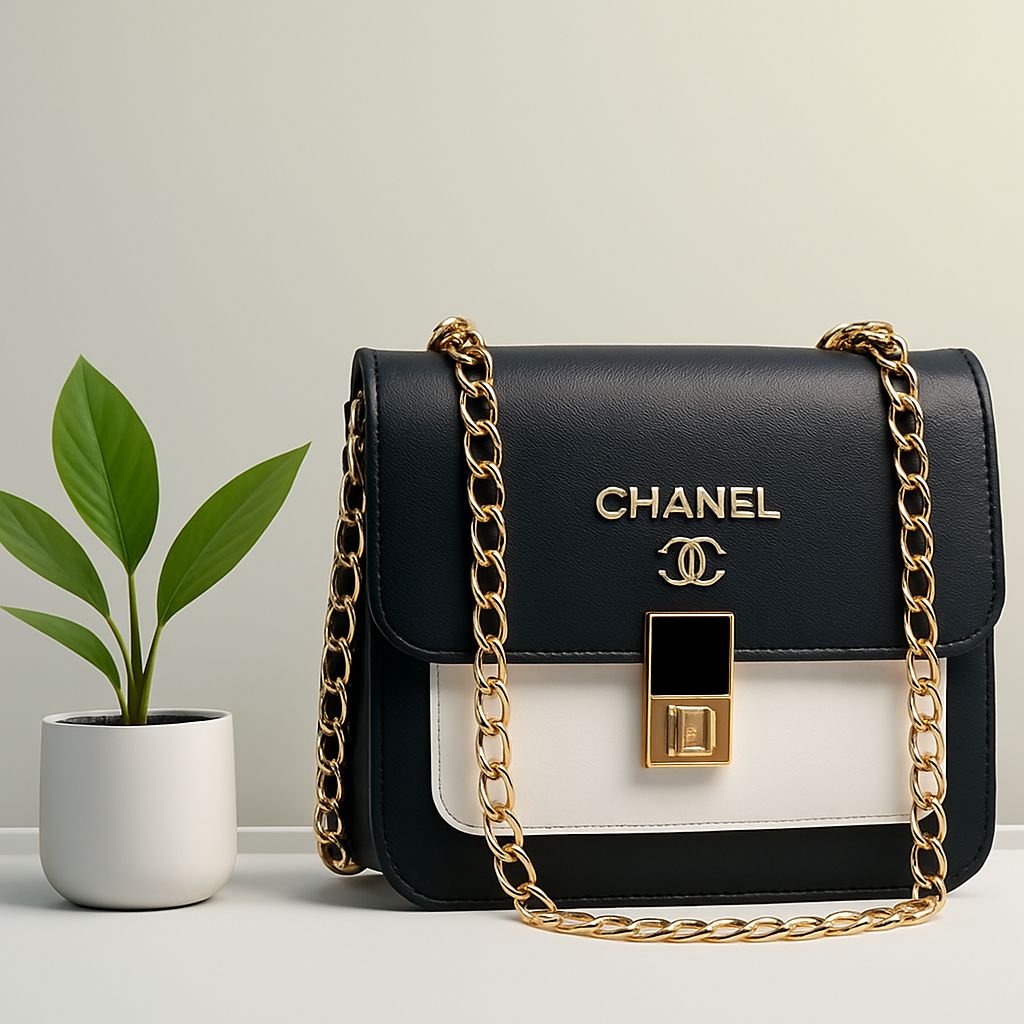 Elegant Navy & White Leather Shoulder Bag with Gold Chain – Designer Style