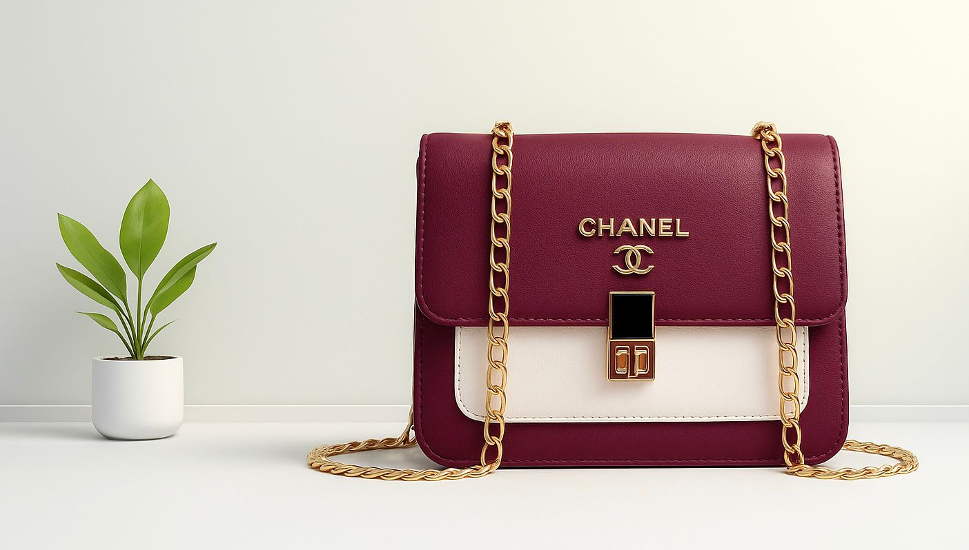 Elegant Navy & White Leather Shoulder Bag with Gold Chain – Designer Style