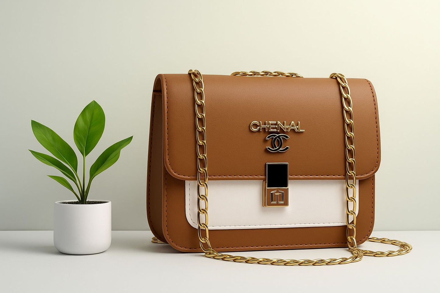 Elegant Navy & White Leather Shoulder Bag with Gold Chain – Designer Style