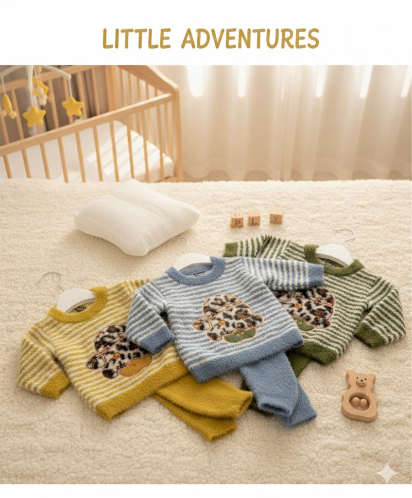 Little Adventures Fuzzy Baby Outfit Set – Striped Sweater & Pants (3 Colors)