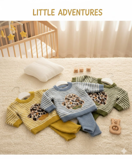 Little Adventures Fuzzy Baby Outfit Set – Striped Sweater & Pants (3 Colors)