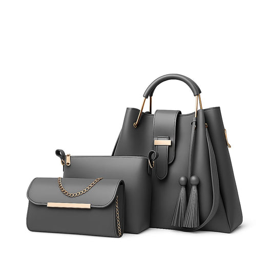 Premium 3-Piece Black Handbag Set for Women | Shoulder Bag, Tote & Clutch with Elegant Gold Chain Detailing