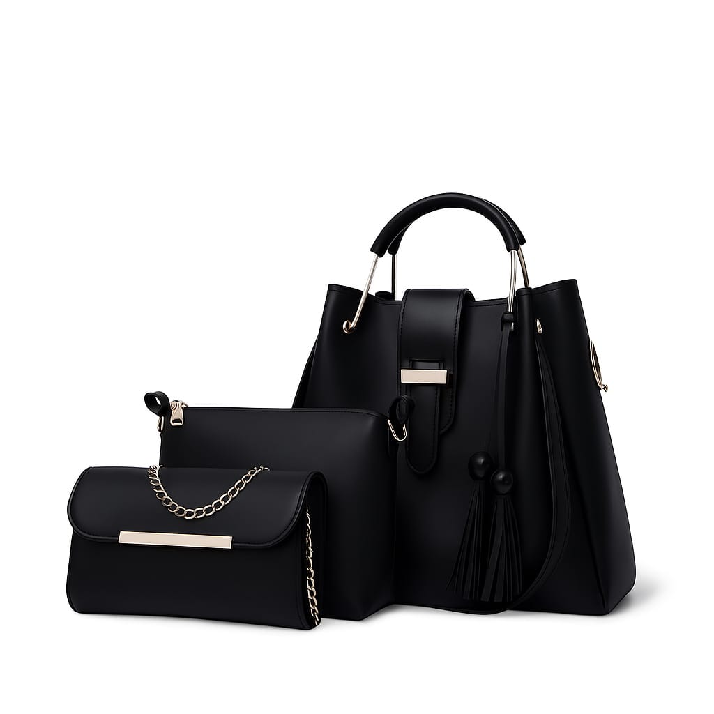 Premium 3-Piece Black Handbag Set for Women | Shoulder Bag, Tote & Clutch with Elegant Gold Chain Detailing