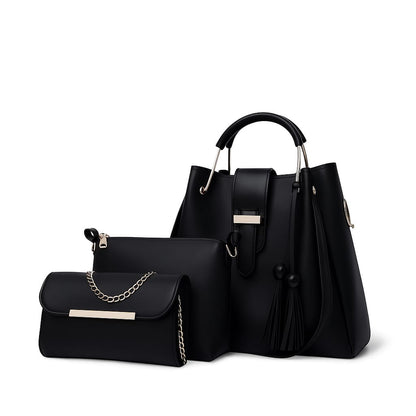 Premium 3-Piece Black Handbag Set for Women | Shoulder Bag, Tote & Clutch with Elegant Gold Chain Detailing