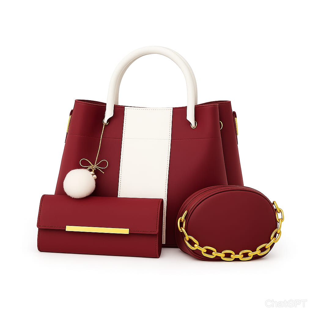 3-Piece Elegant Women’s Handbag Set – Burgundy & White Tote, Clutch, Mini Crossbody with Gold Chain